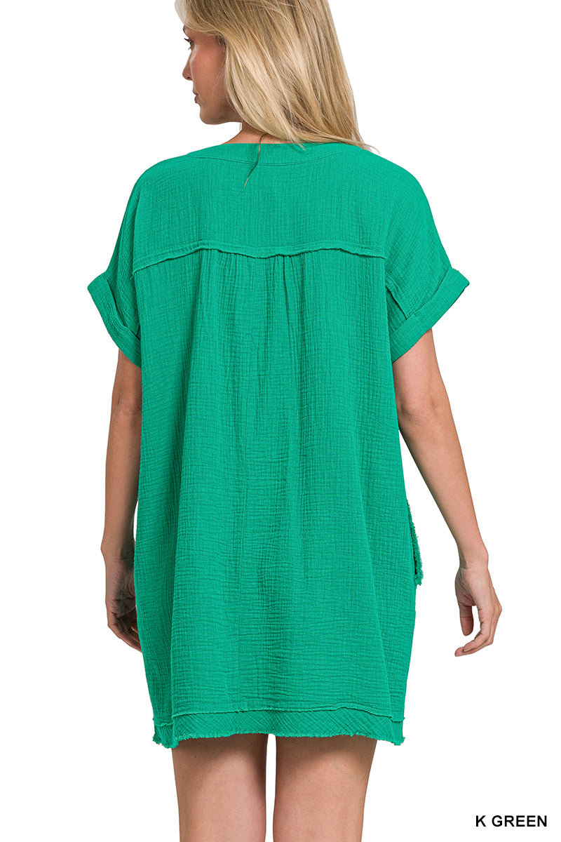 Plus Gauze Raw Edge V-Neck Dress - multiple colors available