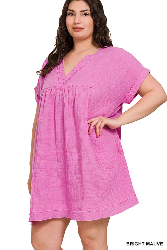 Plus Gauze Raw Edge V-Neck Dress - multiple colors available