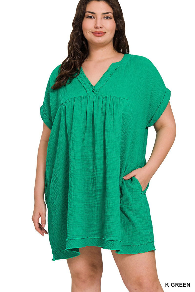 Plus Gauze Raw Edge V-Neck Dress - multiple colors available