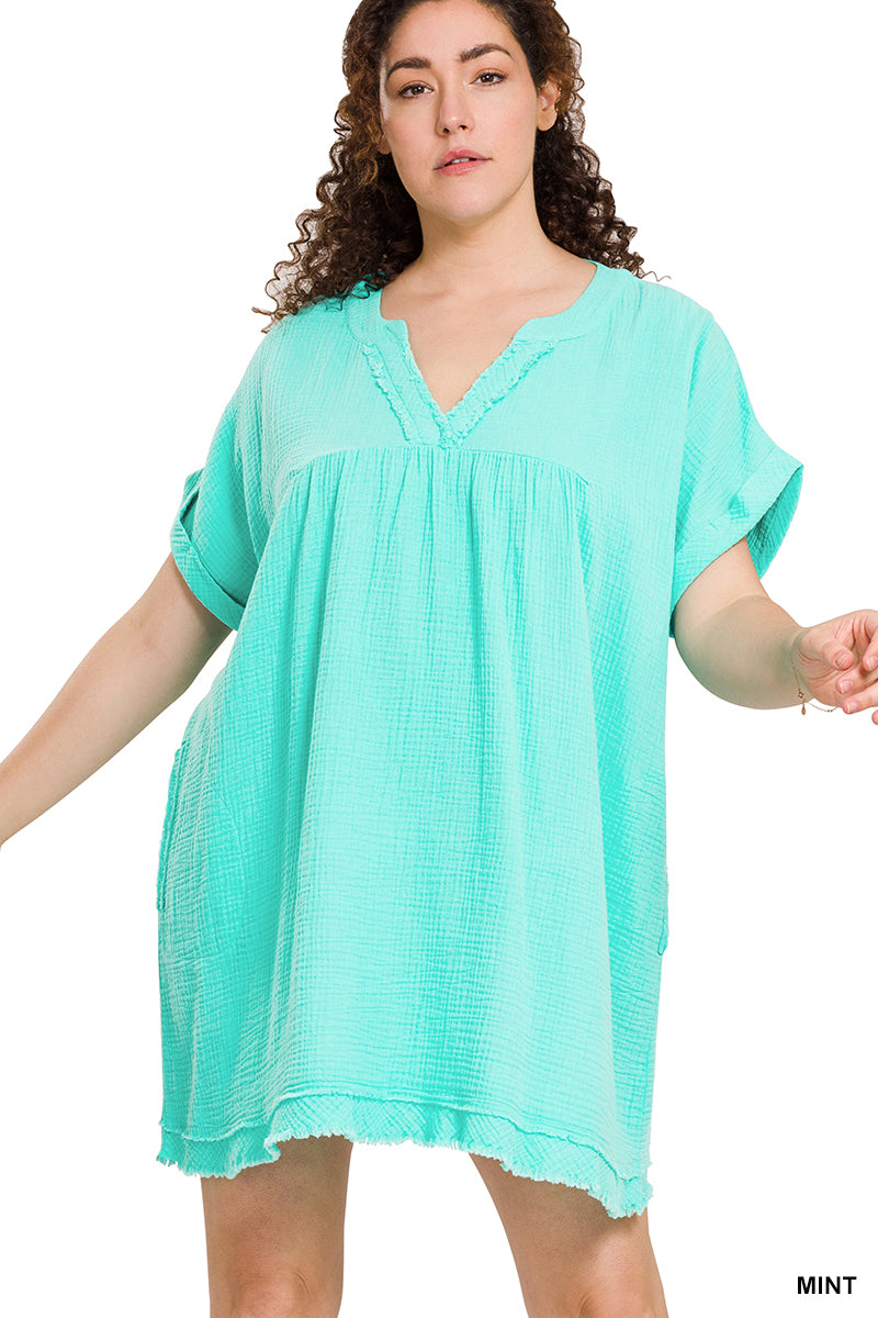 Plus Gauze Raw Edge V-Neck Dress - multiple colors available