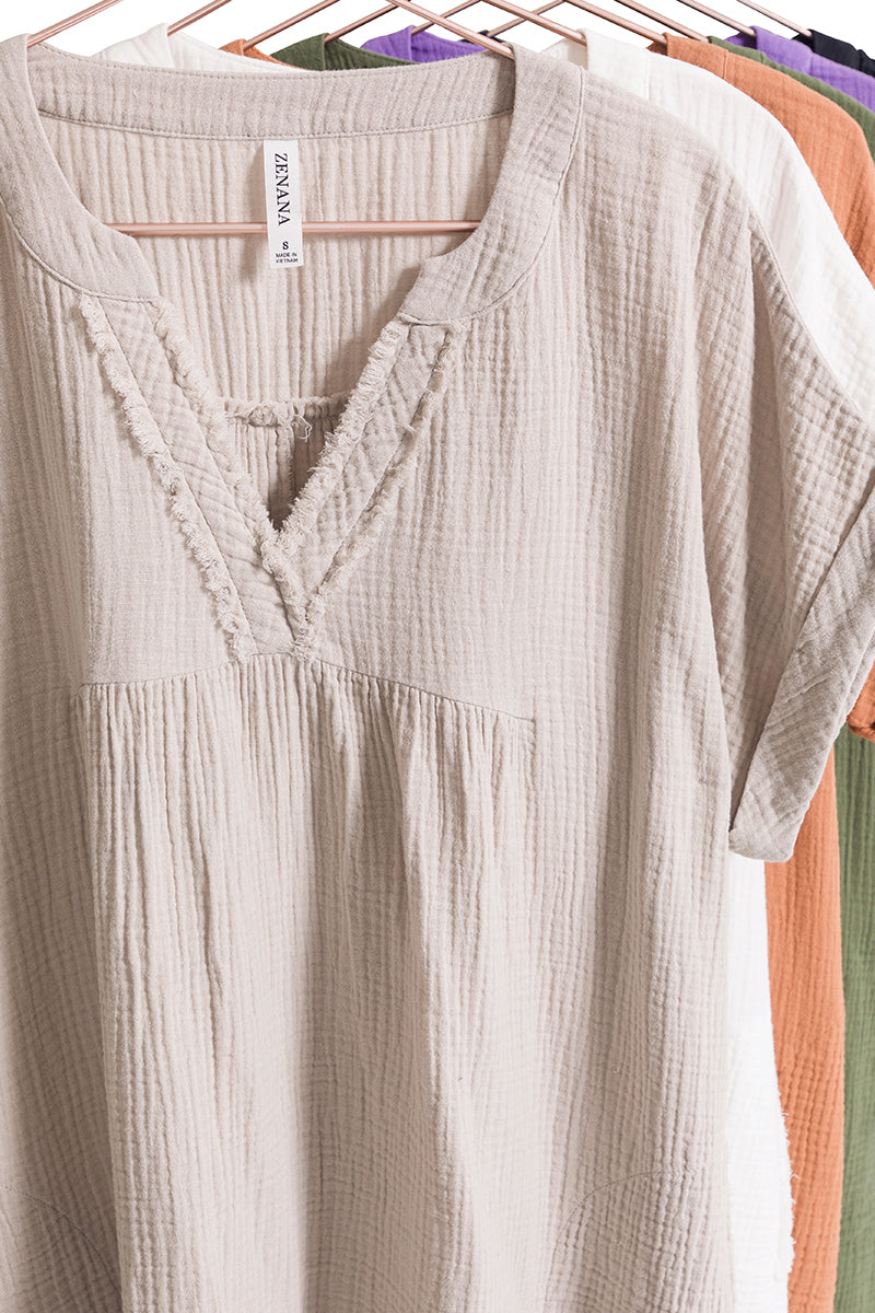 Plus Gauze Raw Edge V-Neck Dress - multiple colors available