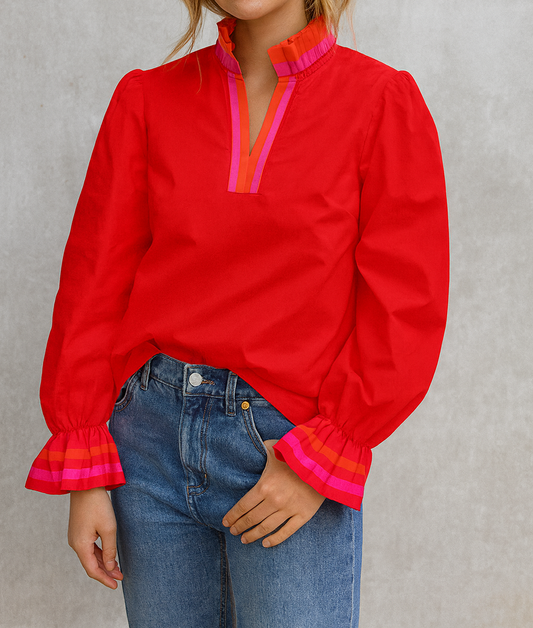Red Striped Ruffle Blouse RTS