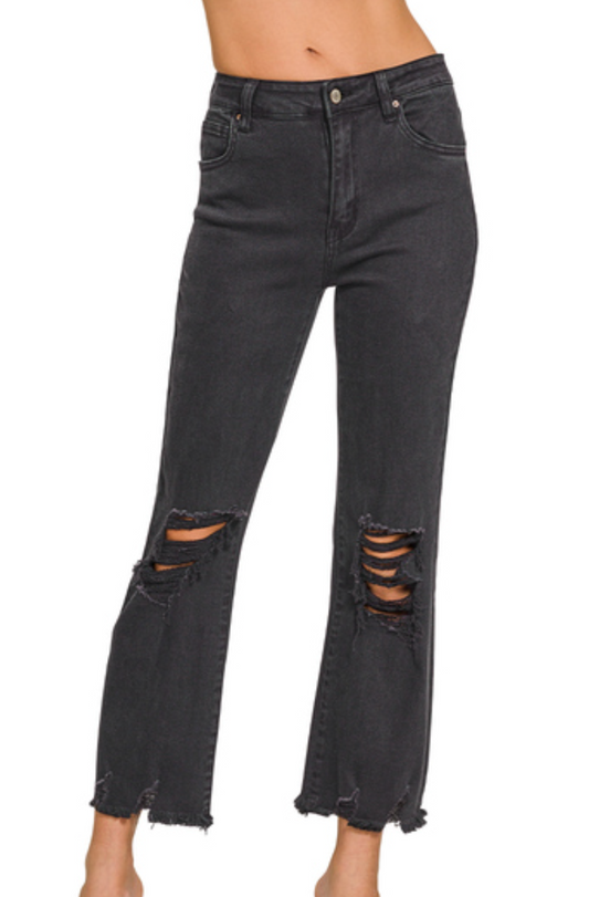 Acid Washed High Waist Distressed Straight Pants Zenana