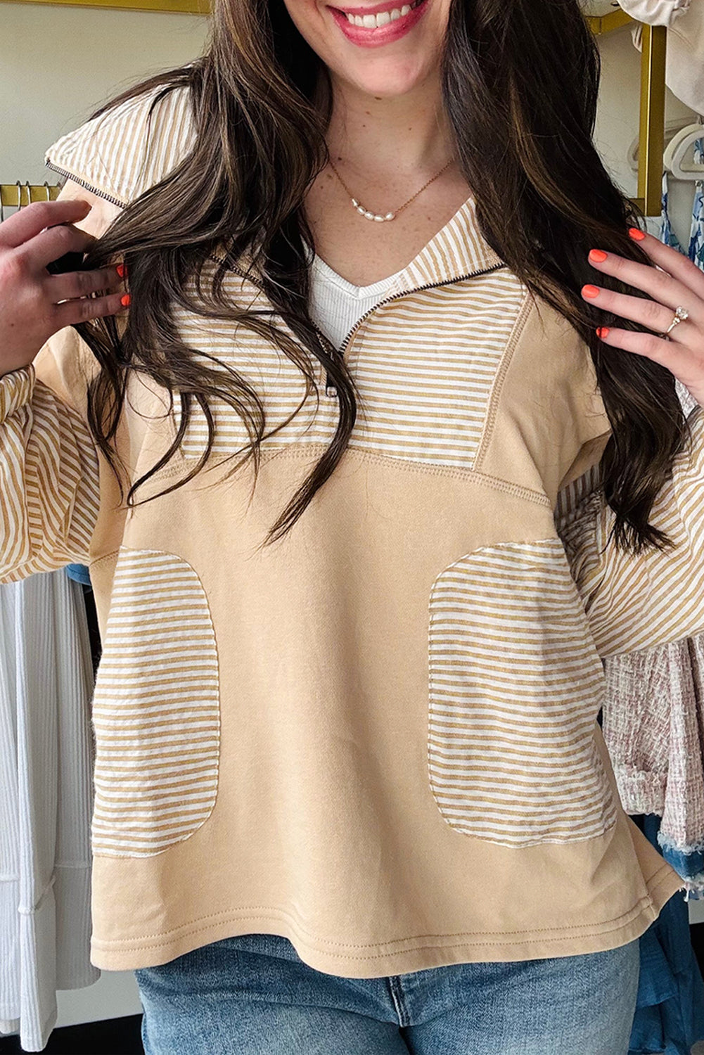 Stripe Quarter Zip Loose Top