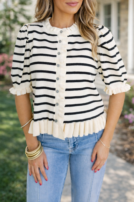 Stripe Ruffle Trim Cardigan
