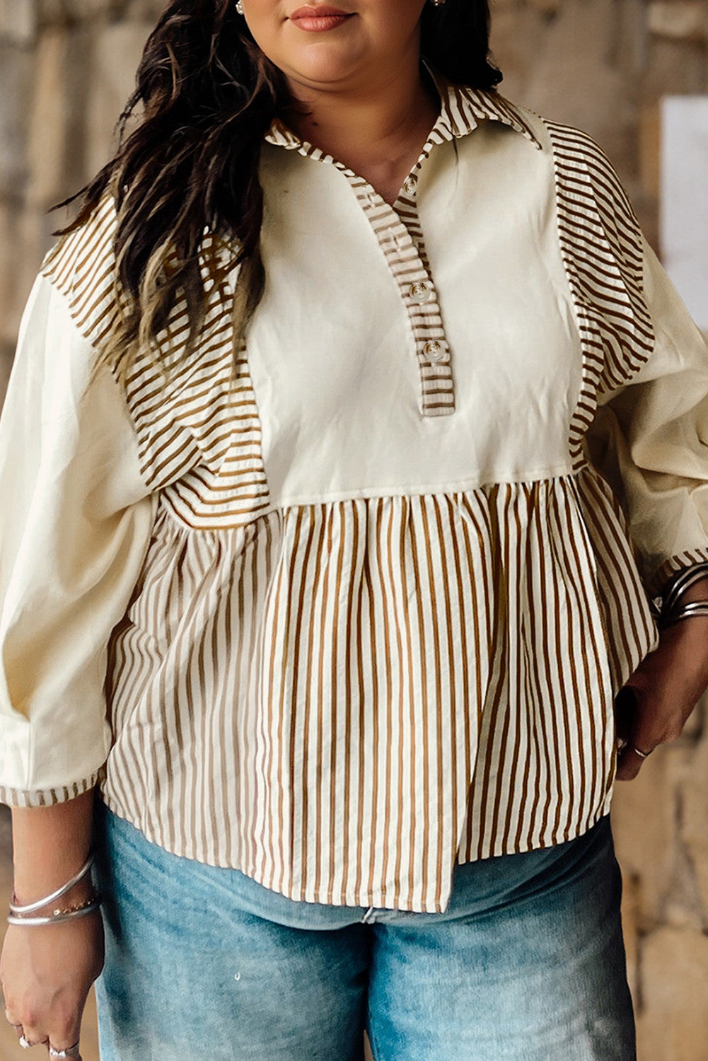 Striped Half Button Plus Blouse FB