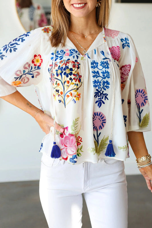 White Floral Tassel Blouse FB