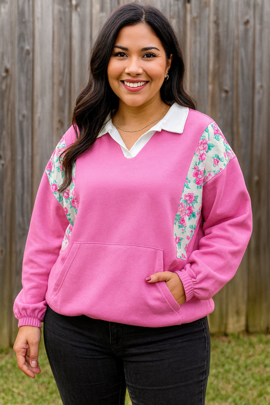 Plus Size Floral Polo Pullover LT