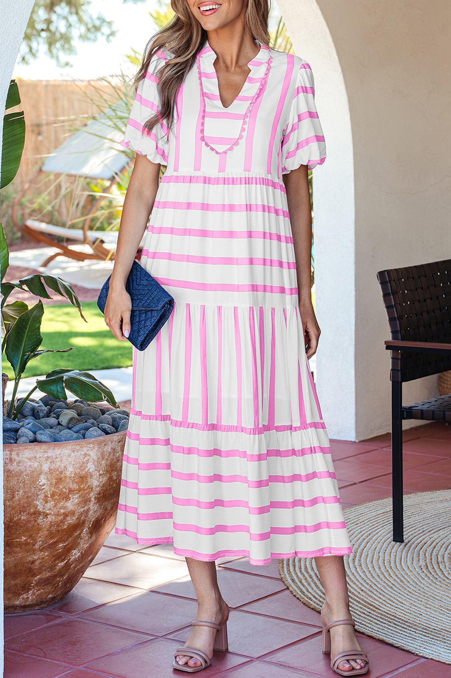 Stripe Ricrac Notched Dress