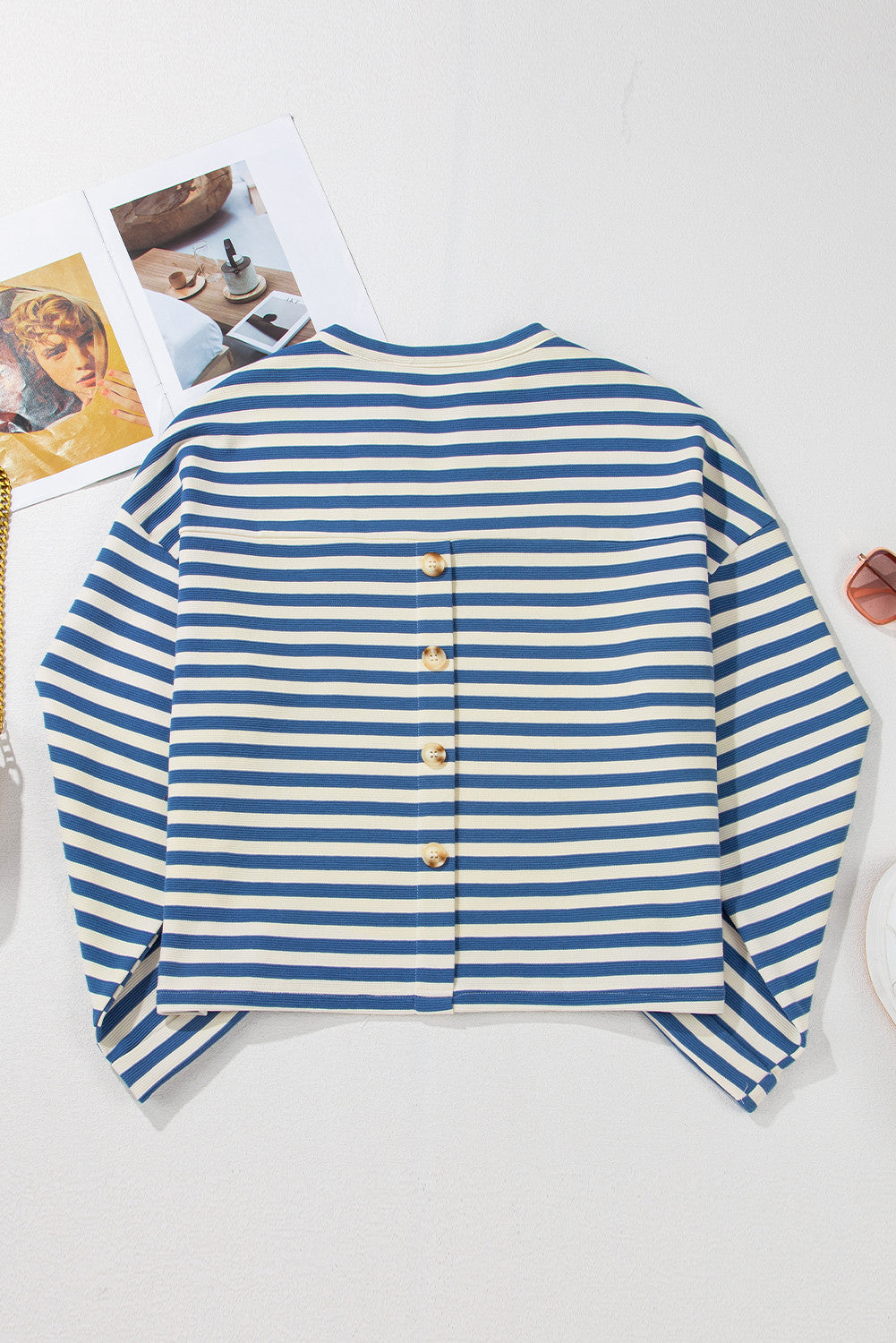 Blue Stripe Buttoned Back Top FB